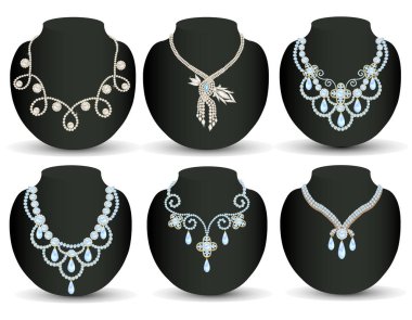 İllüstrasyon, beyaz arka planda incili ve değerli taşları olan kadın düğün kolyesi. 