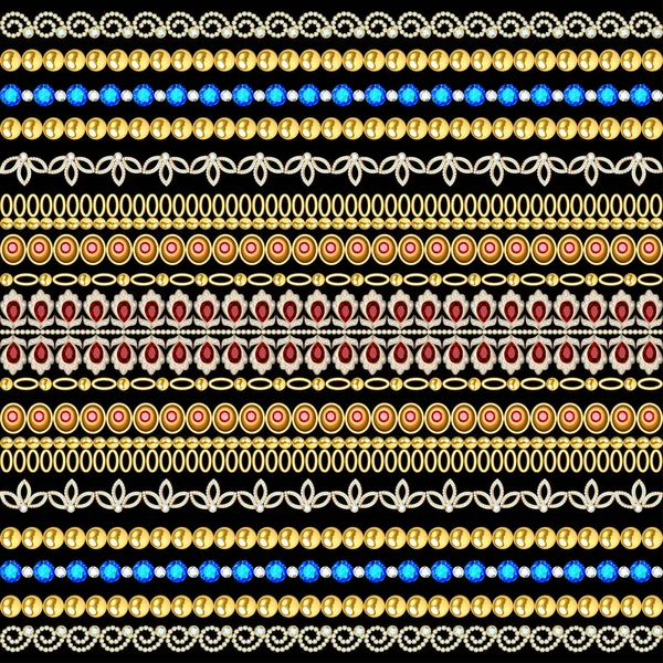 Ilustrace Bezešvé Vzor Zlaté Šperky Přívěsky Korálky Okraje Drahokamy — Stockový vektor