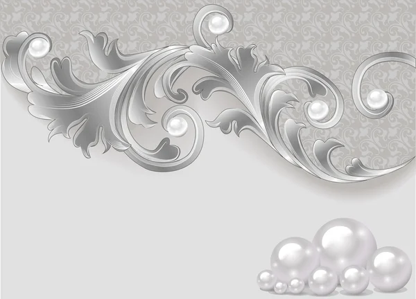 Background with a scattering of pearls and a silver ornament — Stock Vector