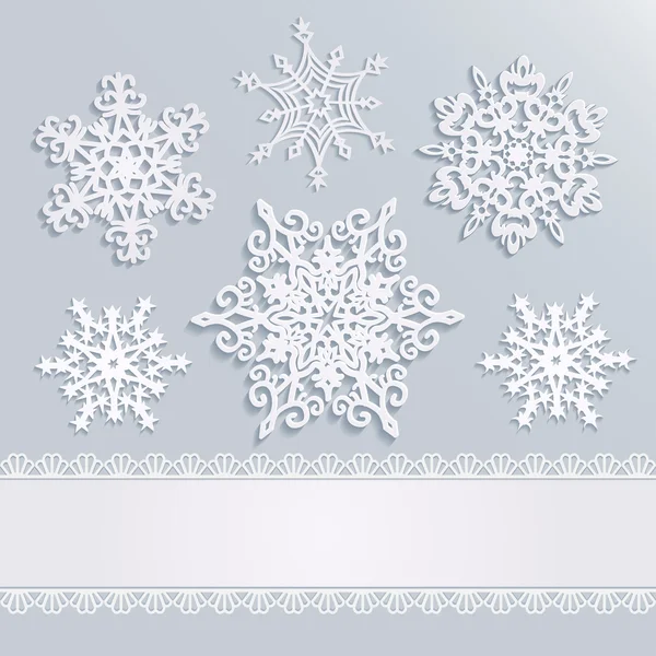 Праздничный фон со снежинками и белой полосой с кружевами — стоковый вектор