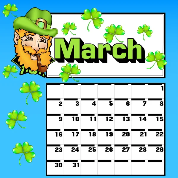 Calendario para marzo St. Patrick 's Day trébol sombrero — Vector de stock