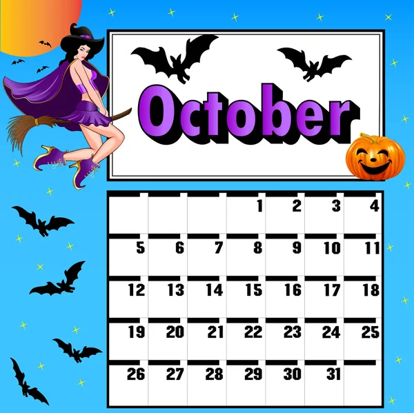 Calendar for October bats pumpkin witch on a broomstick — Stock Vector