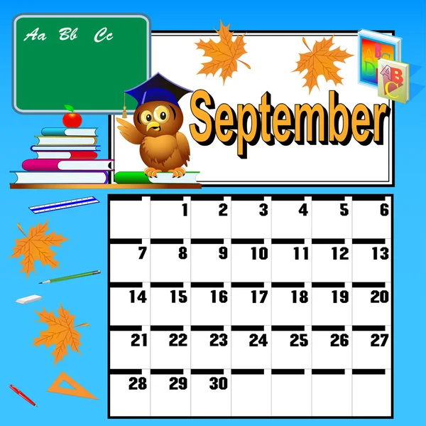 Calendario para septiembre y libros escolares búho y manzana — Vector de stock