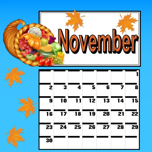 Kalender för November, med Thanksgiving och ymnighetshorn — Stock vektor