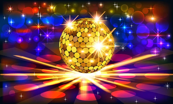 Bright background with golden disco ball and rays — Stock Vector