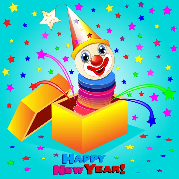 Merry clown jumps out of the box — Stock Vector