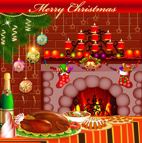 圣诞贺卡与壁炉鸡和布丁 — 图库矢量图片