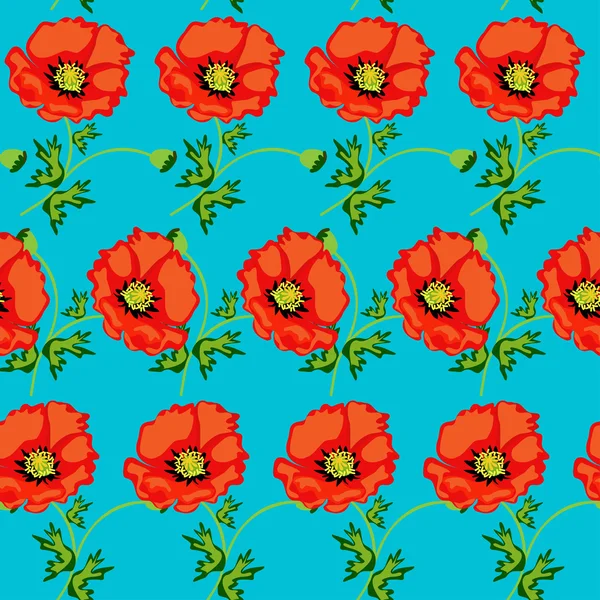 Fondo verde sin costuras con flores amapolas — Vector de stock