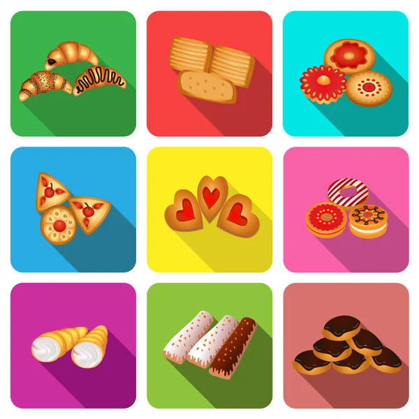 Set di icone su una torta a tema cookie — Vettoriale Stock