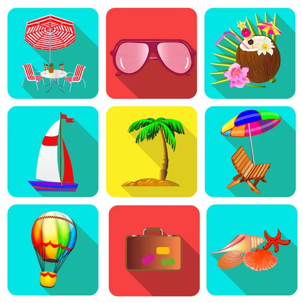 Set di icone su una vacanza a tema con occhiali da sole, una valigia un — Vettoriale Stock
