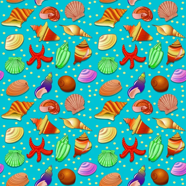 Fondo sin costuras con conchas y estrellas de mar — Vector de stock