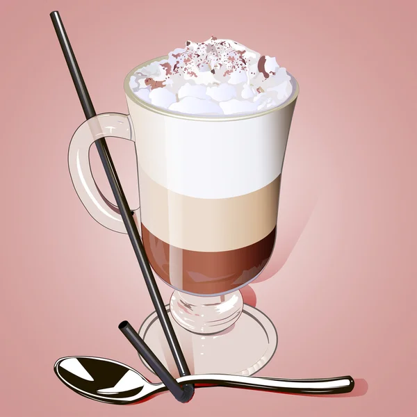 Illustratie iced koffie in een glas met een rietje en een lepel op — Stockvector