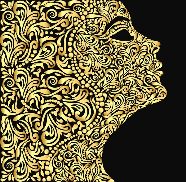 Flickans ansikte från gyllene blommor prydnad — Stock vektor