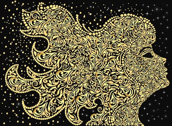 Fata fetei ornament floral auriu cu păr în curs de dezvoltare — Vector de stoc
