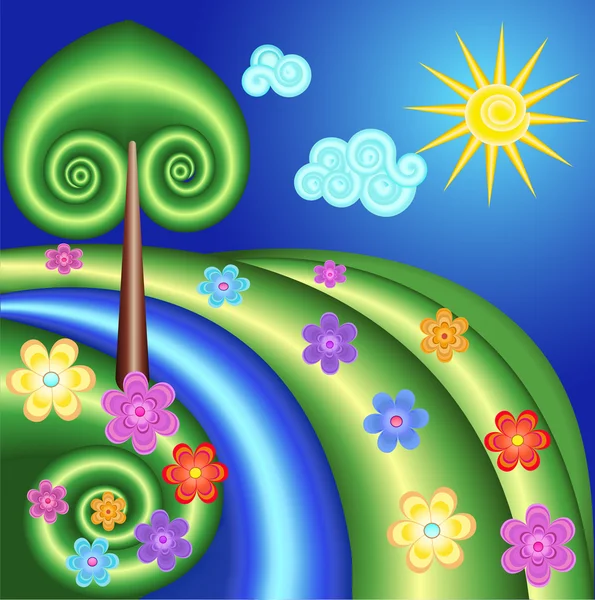 Fundo com árvore, sol, flores em espiral — Vetor de Stock