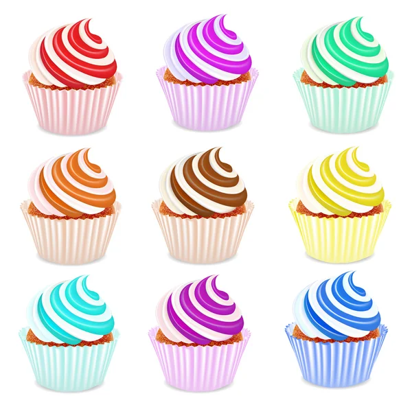 Juego de cupcakes con crema de frutas — Vector de stock