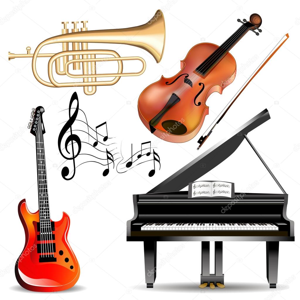 set of musical instruments trumpet, violin, piano and guitar with notes
