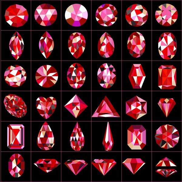 Set of red gems of different cuts and shapes — Stock Vector