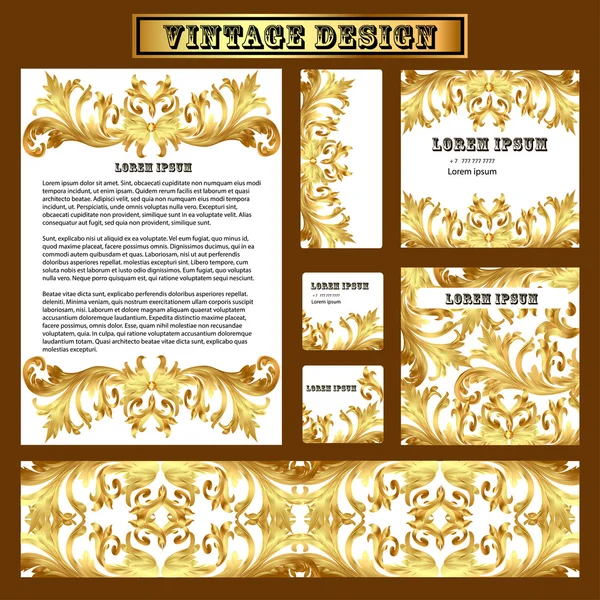 Set of templates for design with vintage gold ornament — Stockvector