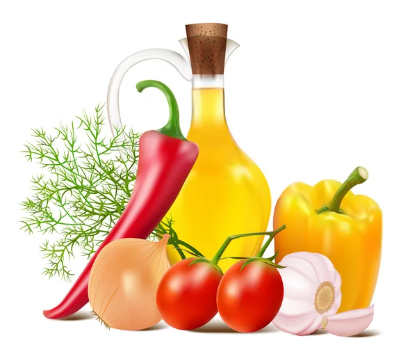 Still life in vegetables and vegetable oil — Stock vektor