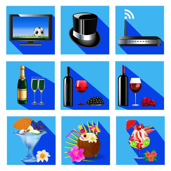 Icons for service cafe and restaurant wine cocktail,dessert, TV, Wi Fi — Stock Vector
