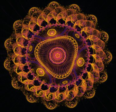 fractal  of round with a gold chain and peacock feathers