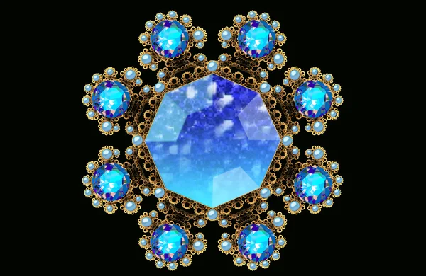 Ilustración broche fractal de oro con gemas y perlas azules —  Fotos de Stock