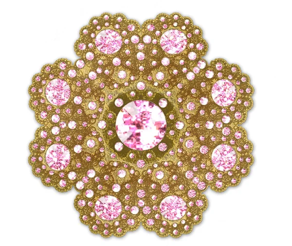 Illustratie fractal gouden broche met roze edelstenen — Stockfoto