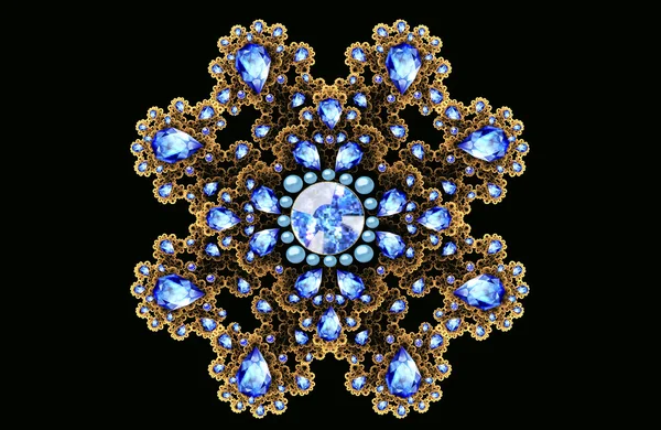 Illustration fractal gold brooch with blue gems — Stock Photo, Image