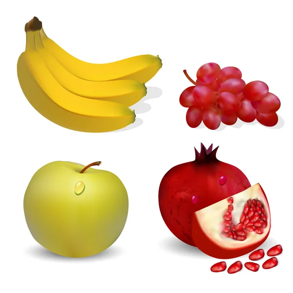 Ilustración frutas manzana plátano uvas y granadas en un wh — Vector de stock