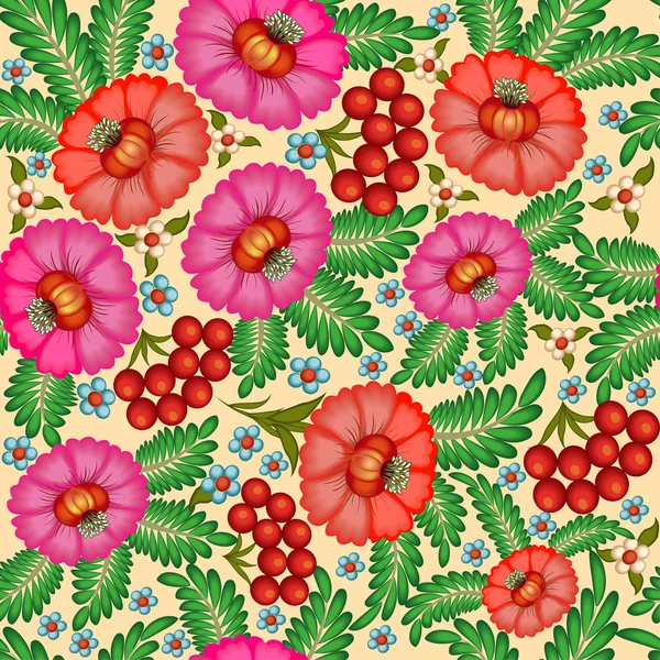 Ilustração sem costura fundo pintado com flores e bagas — Vetor de Stock