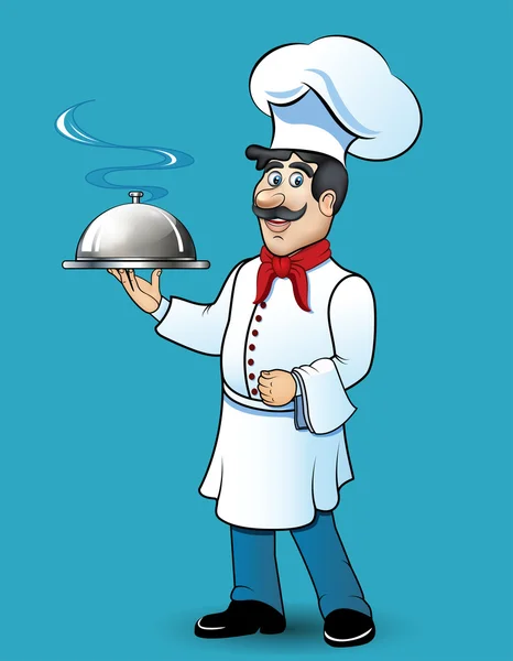 Illustration d'un chef drôle avec de la nourriture à la main — Image vectorielle