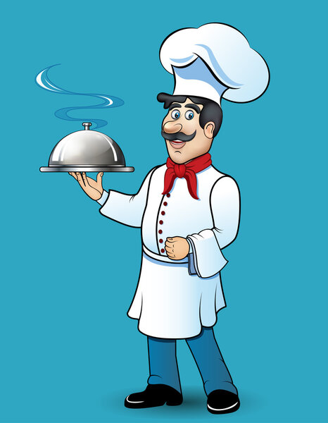 Illustration of funny chef with food in his hand