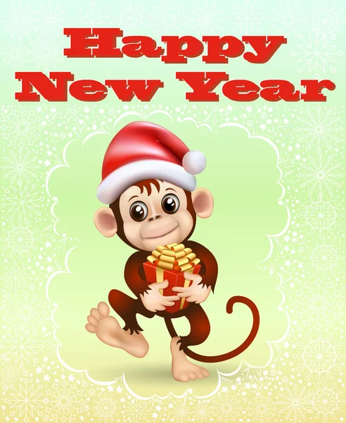 Ілюстрація святкової листівки з мавпою і подарунком — стоковий вектор