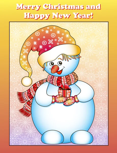 Tarjeta de felicitación ilustración con un muñeco de nieve y regalos — Vector de stock