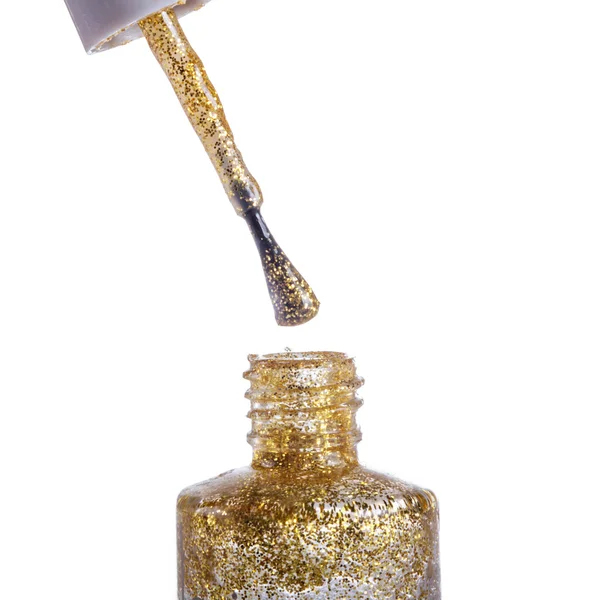 Gold nail polish with glitter, isolated on white, macro — Stock Photo, Image