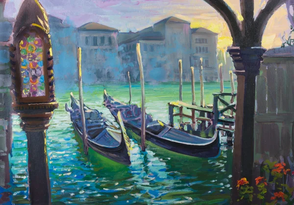 Gondels in Venetië, Italië, schilderij — Stockfoto