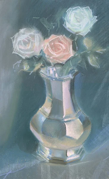 Drawing of roses in a vase by pastel — Stock Photo, Image