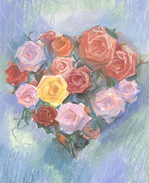 Drawing of heart-shaped roses by pastel — Stock Photo, Image