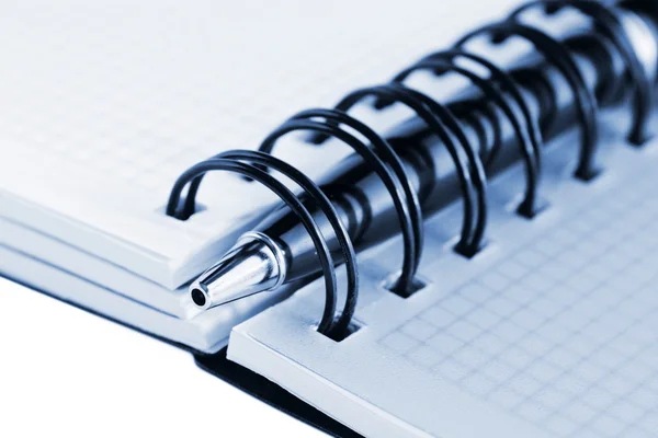 Open notebook and pen, with blue tint — Stock Photo, Image