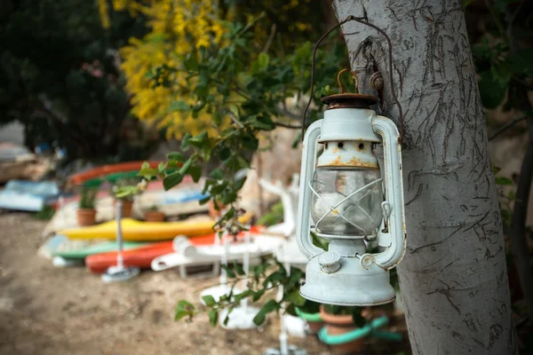 Lampada al cherosene sull'albero, la costa mediterranea, una vacanza estiva al sole . — Foto Stock