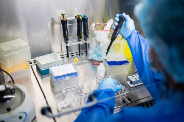 Bir laminar akış dolabındaki laboratuvar elektronik pipeti.