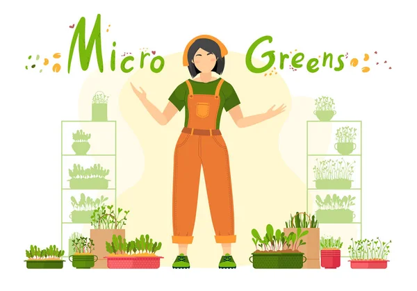 Μικροπράσινο Κορίτσι Φύτρα Microgreen Sprouts Και Φυτά Γλάστρες — Διανυσματικό Αρχείο