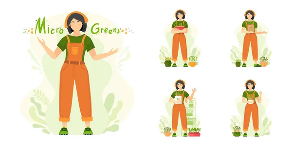 Girl Sprouts Microgreen Microgreen Organic — Stock Vector