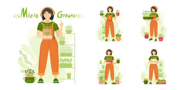 소녀는 마이크로 녹색으로 마이크로 유기물 — 스톡 벡터