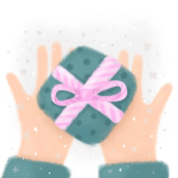 Neujahrs Oder Weihnachtsgeschenk Der Hand Hintergrund Zum Neuen Jahr — Stockfoto