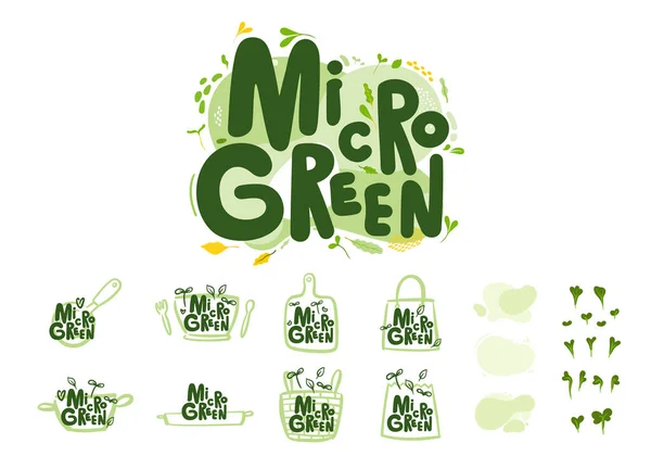 Microgreens Verdes Bebê Letras Logotipo Objetos Ilustração — Vetor de Stock