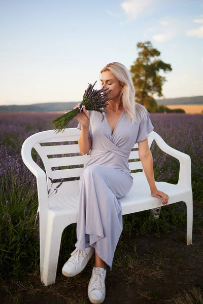 Jente Lavendelfeltet Ved Solnedgang – stockfoto