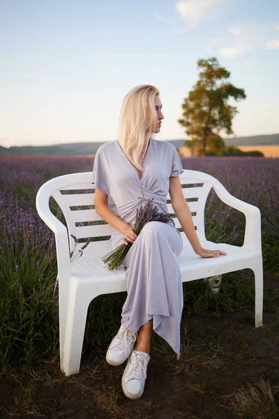 Flicka Lavendelfältet Vid Solnedgången Stockbild