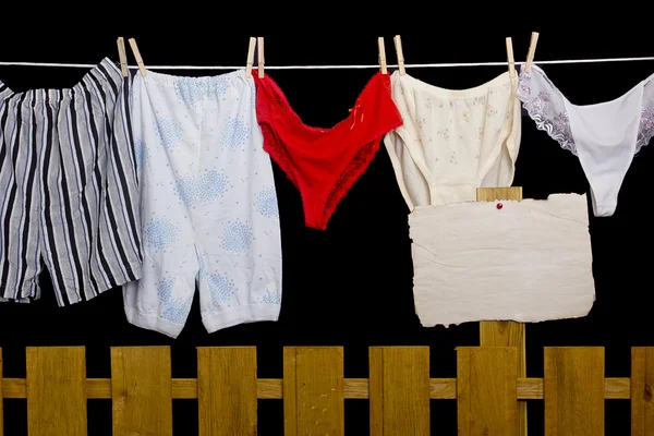 Woman panties and man underwear on clothesline — Stock Photo, Image